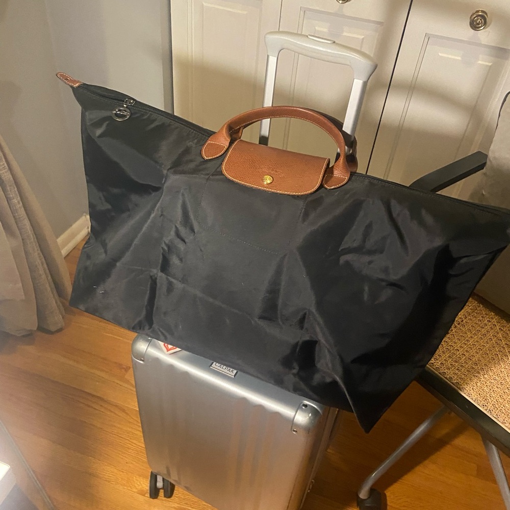 Longchamp Black Travel Bag with Brown Handles